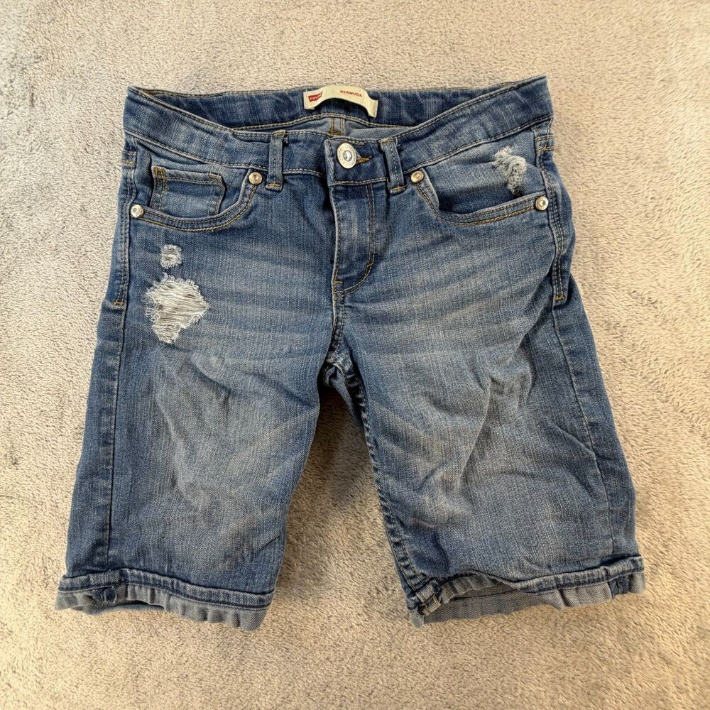 Levi's Mid Length Bermuda Shorts Women's 12 Regular Distressed Stretch Denim Blu